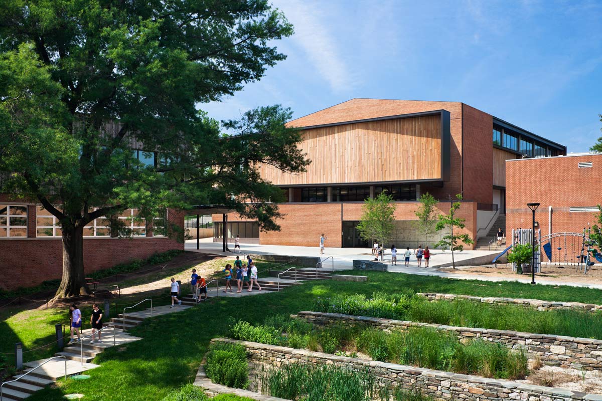 <p>This view from the Middle School shows the crossing of east-west and north-south paths at the base of the Meeting House. <br><small>&copy; Michael Moran/OTTO</small></p>